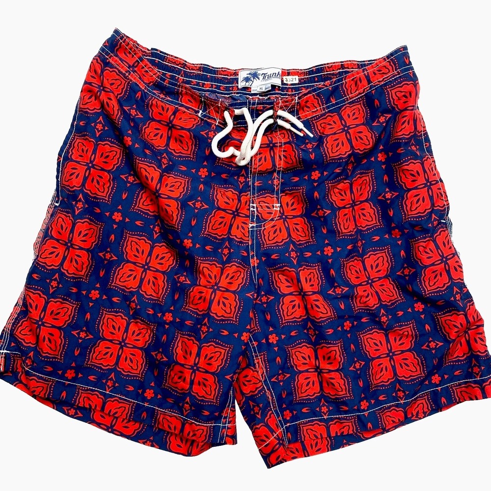 Trunk Swim Shorts Mens XL Red Drawstring Beach Geometric